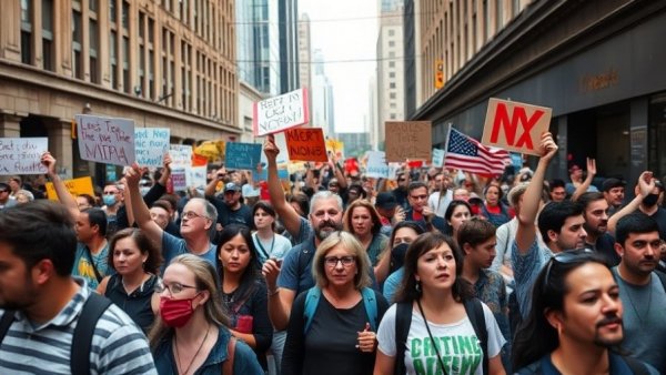 Protest news in America: diverse crowd demonstrating on city streets.