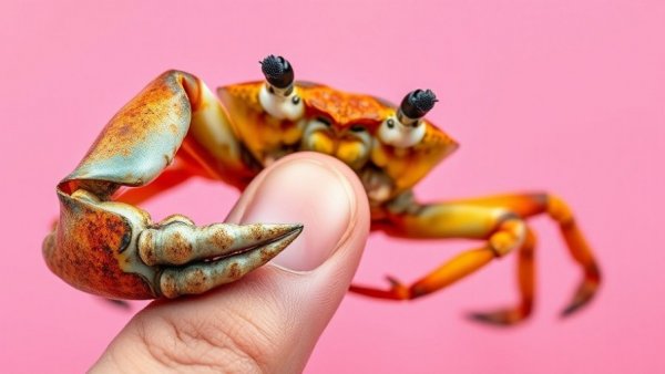 Gynandromorphic crab claw gripping a finger on a pink background.