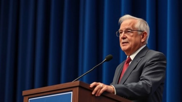 Elderly man speaking at a podium with blue curtains.