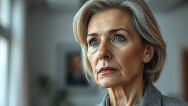 Serious middle-aged woman looking thoughtful indoors; Trump's Iran War Media Pressure discussion.