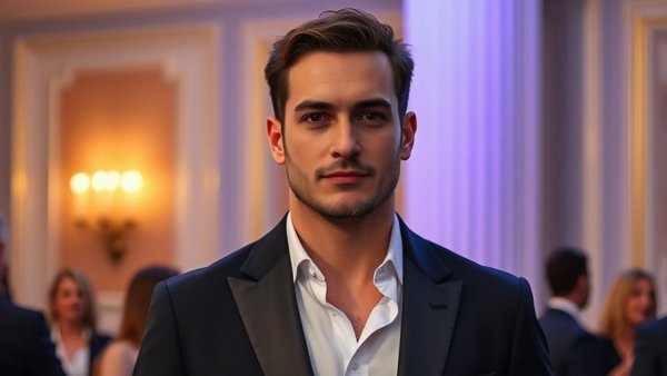 Man in blazer focusing at an event with soft lighting.