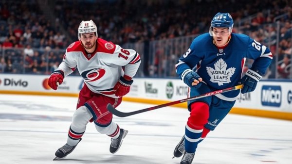 Carolina Hurricanes player battling Toronto Maple Leafs on ice in overtime.