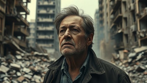 Displacement crisis in Lebanon, man observing debris, destruction scene.