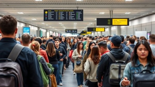 Travelers in airport security lines with overhead signage.
