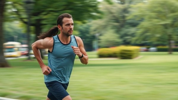 Nonbinary runner participating in LA Marathon, green blurred park background.