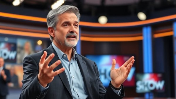 Host confidently engaging in TV discussion.