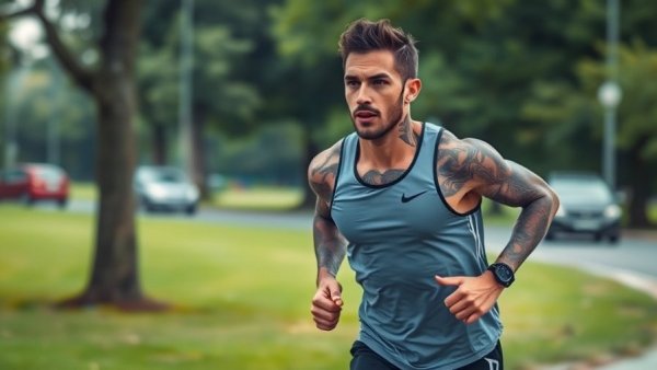 Tattooed runner in park during LA Marathon nonbinary division.
