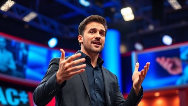 Charismatic TV host discussing latest gay rights news on stage.