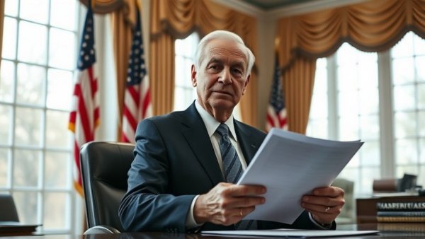 Older man sitting at desk in formal attire holding papers.