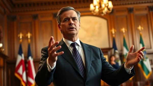 Confident male figure gesturing during a speech on political impact.