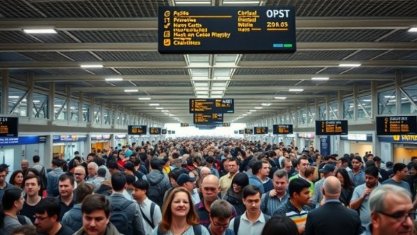 Busy airport terminal with large crowd and directional signs