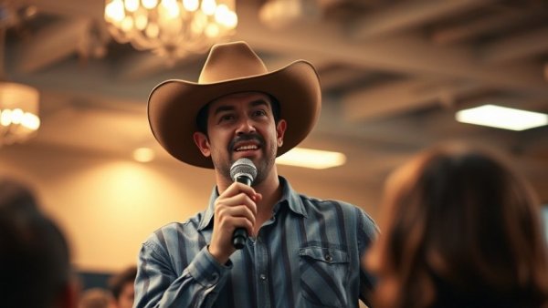 Speaker in cowboy hat addressing audience at congressional campaign event