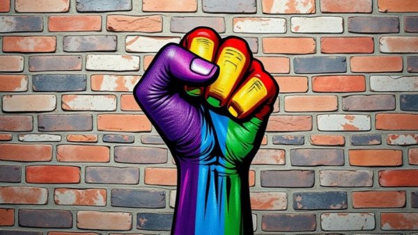 Rainbow fist mural symbolizing unity on a brick wall.