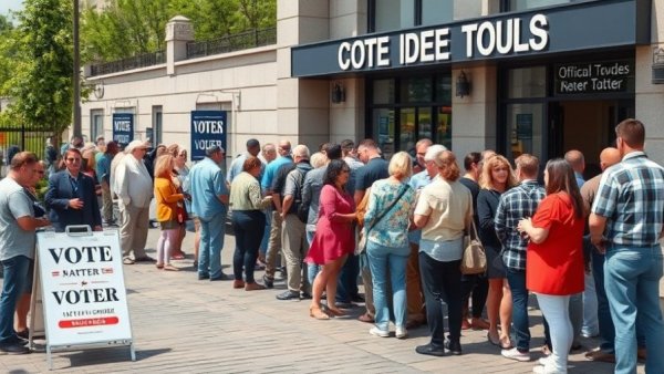Voters outside official vote center with signs, highlighting SAVE Act voter registration requirements