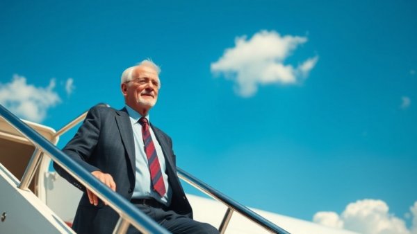 Older man descending airplane stairs under a blue sky with clouds.
