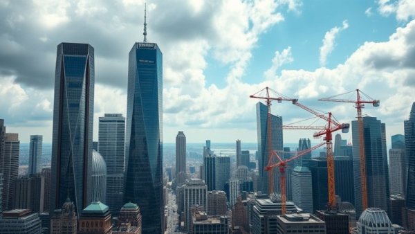 Towering skyscrapers with cranes signify waive HST on new homes in urban landscape.