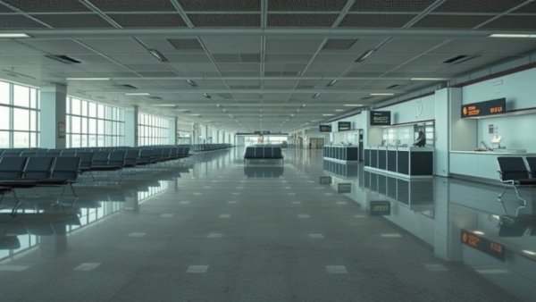 Deserted airport terminal highlighting unpaid airport workers.