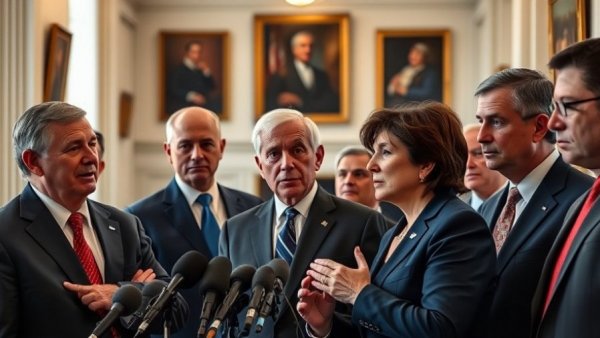 Politicians discuss DHS funding deal in a formal press setting.