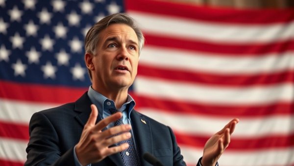 Democrat addressing midterm election lead in front of flag.