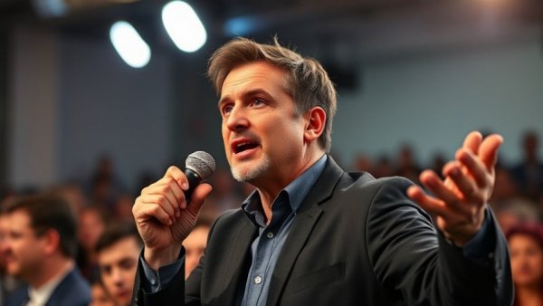 Confident speaker on stage, passionately gesturing, under bright lights.