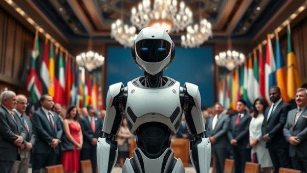 Humanoid robot next to dignitaries discussing androids and civil liberties.