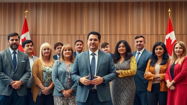 Diverse individuals at podium with Canadian flags, symbolizing Canadian Pride organizations funding stability.