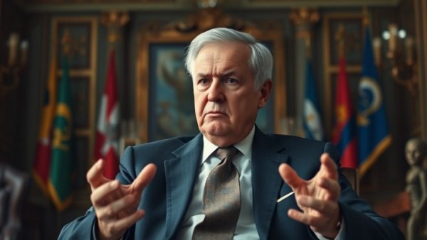 Older man gesturing thoughtfully, discussing in a formal setting.