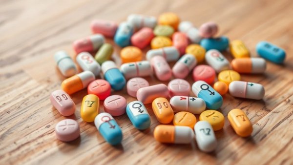 Trans healthcare rights represented by colorful pills with gender symbols.