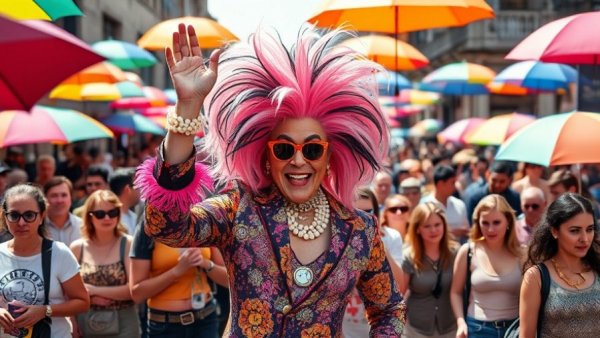 Ohio drag performer at urban festival, vibrant crowd in background.