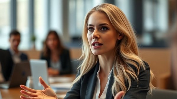 Blonde woman speaking in a meeting about citizenship rights in America.
