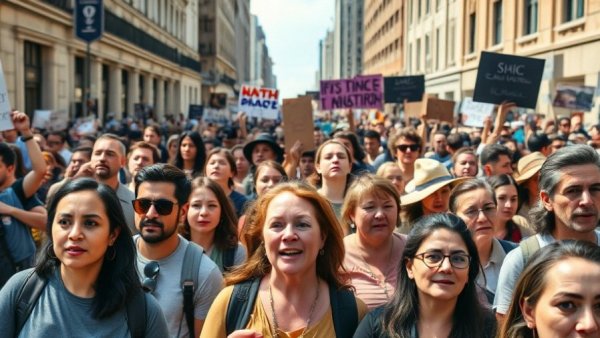 Protest news in America: Diverse group marching with banners.