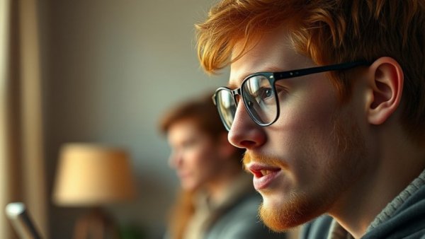 Ginger-haired person with glasses discussing transgender rights news indoors.
