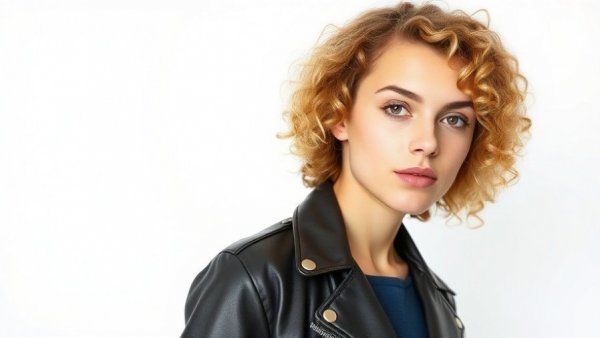 Confident young woman with curly hair in leather jacket stands against plain background.