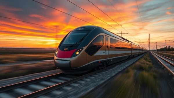 Amtrak train speeding through sunset landscape, showcasing travel.