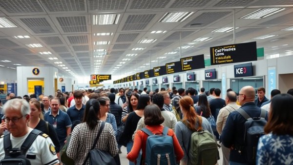 Busy airport security checkpoint with ICE agents and travelers.