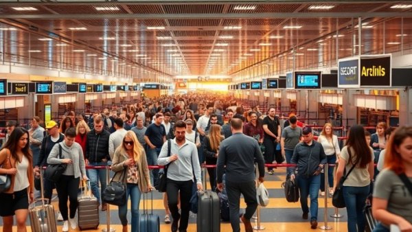 Travelers at a bustling airport security checkpoint, ICE officers at airports.