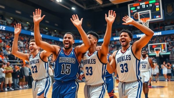 Energetic basketball players celebrating victory on court.