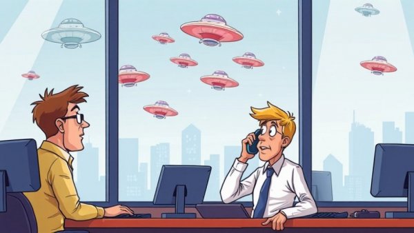 Humorous cartoon of grifting with aliens, business scene.
