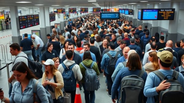 Crowded airport security emphasizes travel regulations and civil liberties.