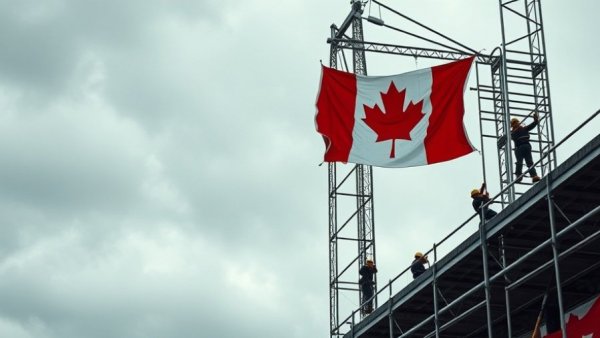 Construction workers on stadium scaffolding with Canadian flag waving.