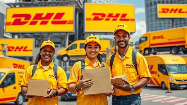 DHL brand consistency across various platforms with cohesive imagery.