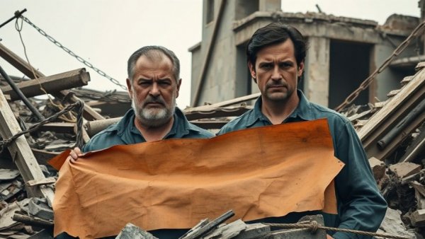 Iran resilience depicted through torn banner amid destruction.