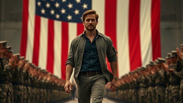 Army event with a man in black and soldiers clapping, American flag backdrop.
