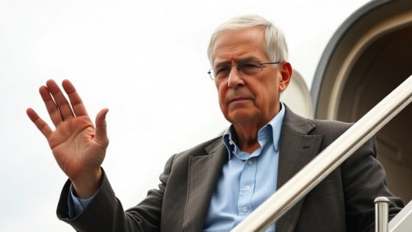 Older man waving on aircraft stairs, discussing protest rights in America.