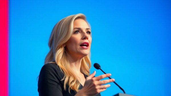 Woman speaking at event with blue backdrop, highlighting transgender rights news.