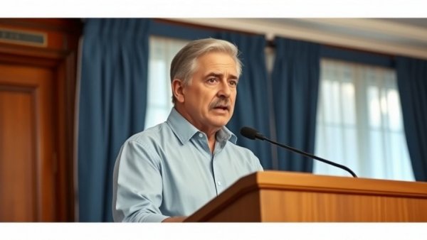 Democratic Senate candidate possibly GOP plant speaks at podium with blue curtains.