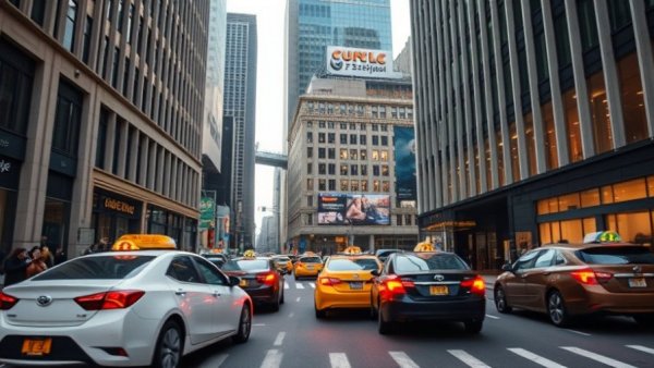 Modern media building with taxis on a busy street, related to American Medical Association gender-affirming care.