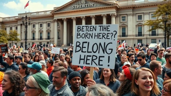 Protesters advocate for birthright citizenship outside government building.