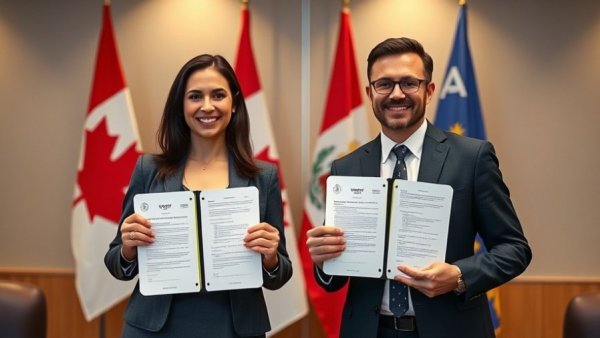 Officials holding signed documents in front of Canadian and Alberta flags.