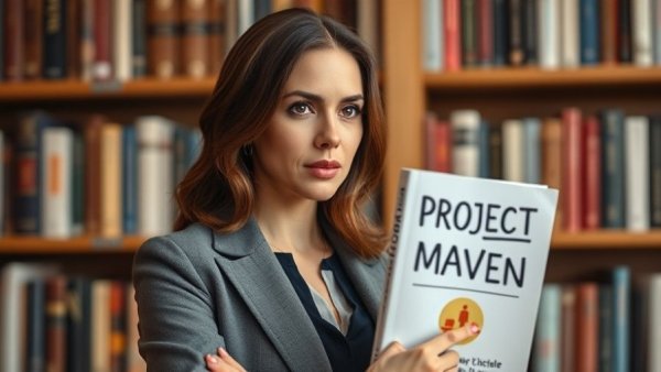 Professional woman discussing 'Project Maven' in a library setting.